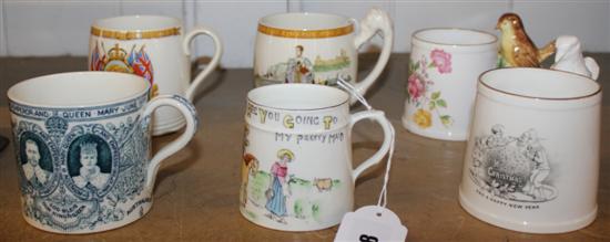 Copeland Christmas mug with bird handle, similar floral mug, 3 Royal commemorative mugs & Pretty Maid nursery mug  (6)